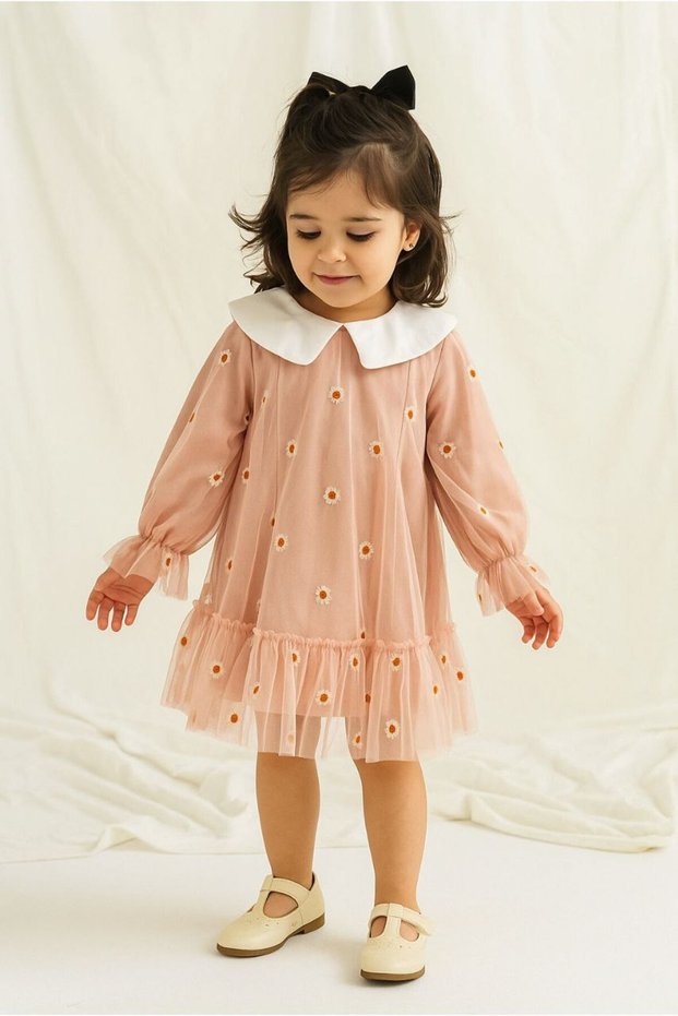 Daisy Patterned Baby Collar Tulle Dress Holiday Party and Special Occasion Girl's Dress