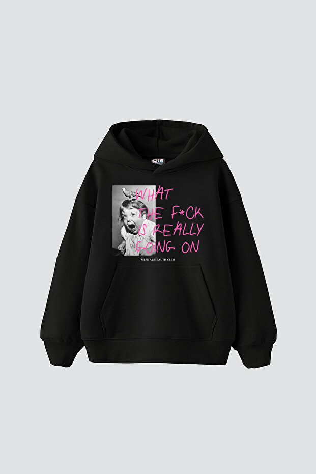 What the Printed Oversize Unisex Black Hoodie