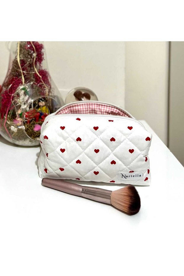 Love Heart Series Heart Patterned Quilted Large Makeup Bag – Pink Lining, Washable