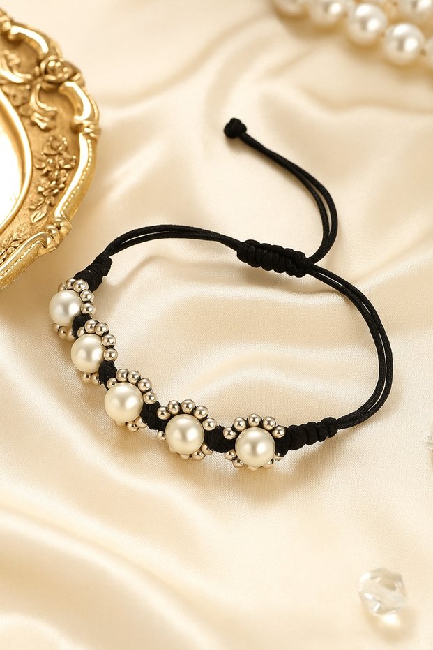 Black Macrame Pearl and Metal Flower Bracelet