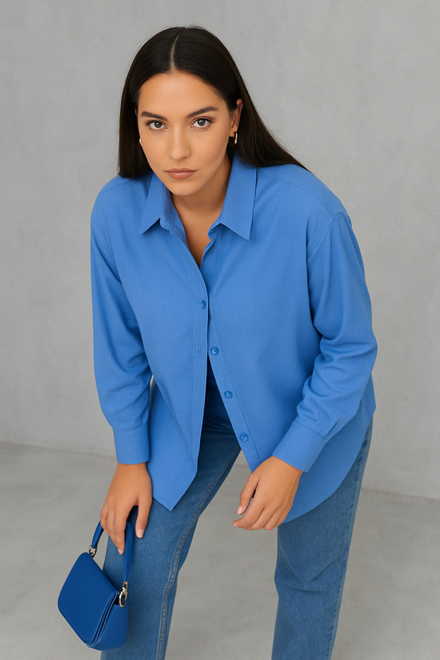 Women's Oversize Bolkesim Linen Shirt - Blue