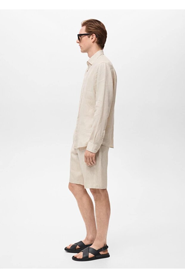 Dar kesim %100 keten bermuda şort - 6