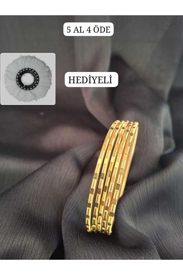 (1ADET) Tırtıklı Gold Kesme Desenli Ajda Bilezik Paslanmaz Çelik Üzeri 22 Ayar Altın Kaplama - 1