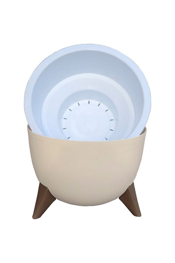Ayaklı Küre Saksı 10 Litre Krem 32cm Plastik Drenajlı Süzgeçli Bonsai Bitki Çiçek Saksısı Ufo No3 - 5