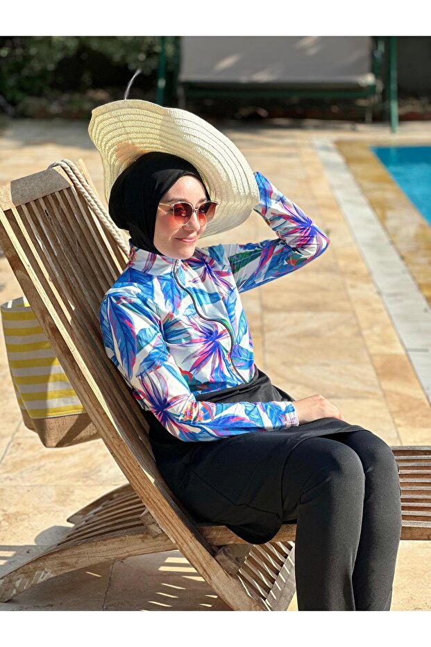 بدلة سباحة من الليكرا بنمط استوائي أزرق - ملابس سباحة إسلامية مغلقة بالكامل