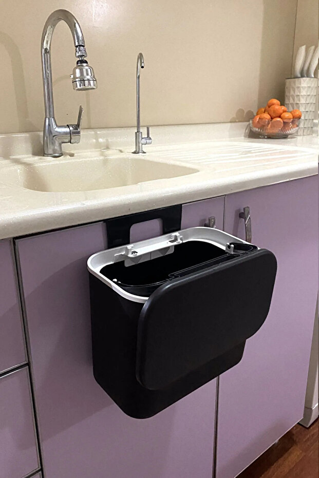 Hanging Trash Can Striped 8 Lt Kitchen Counter Top and Cabinet Hanging Trash Can with Double Direction Lid - 3