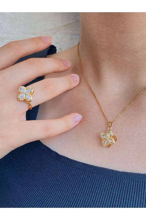 Rotatable Golden Clover Döndürülebilir Kuyumcu Model Çelik (KOLYE & AYARLANABİLİR YÜZÜK) 2'li Set - 4