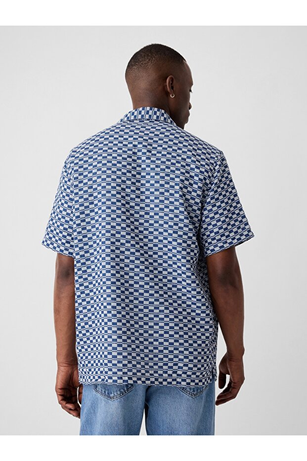 Erkek Mavi Desenli Patchwork Gömlek - 4