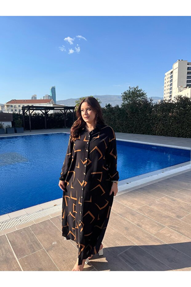 Women's Plus Size Black Geometric Patterned Viscose Hijab Dress