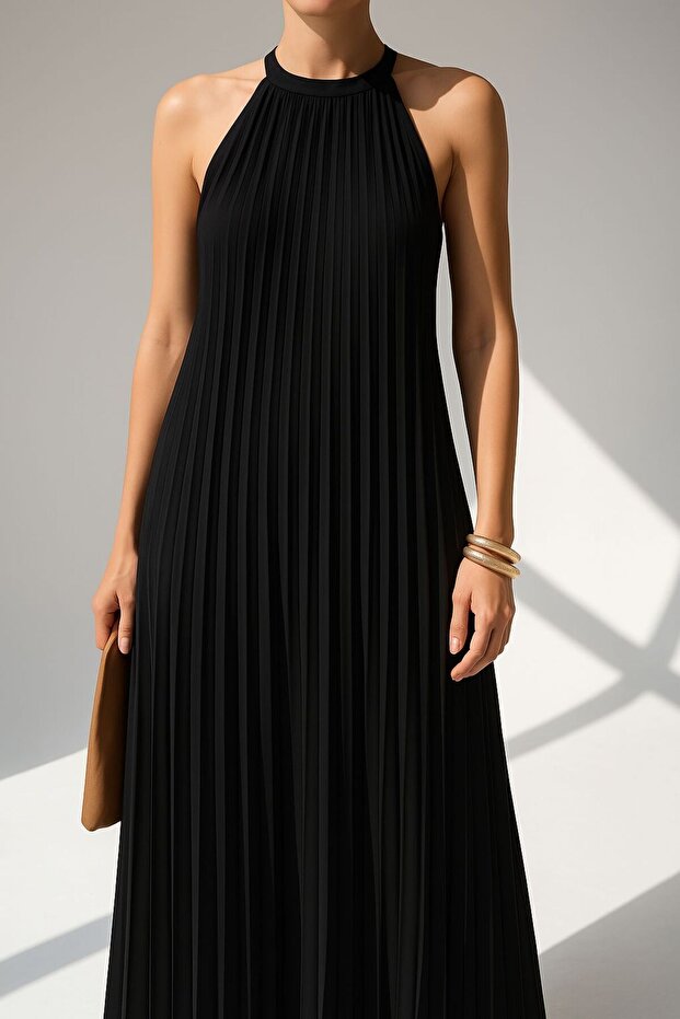 Pileli Siyah Elbise - 3