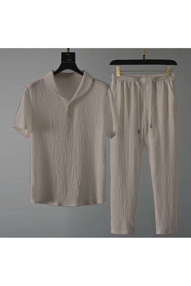 Wrapped Crinkle Fabric Summer Lycra Unisex Women Men Short Sleeve T-Shirt Sweatpants Set