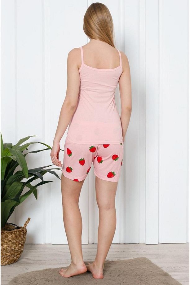 Çilek Desenli Şıklık – Askılı Ve Şortlu Pamuklu Yazlık Pijama Takımı - 4
