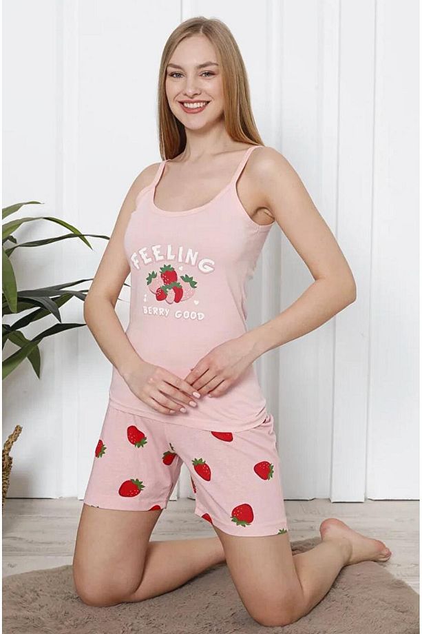 Çilek Desenli Şıklık – Askılı Ve Şortlu Pamuklu Yazlık Pijama Takımı - 5