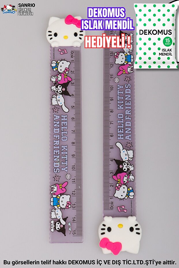 "DEKOMUS ISLAK MENDİL HEDİYELİ" HELLO KITTY "TEKLİ" CETVEL 15 CM - 1