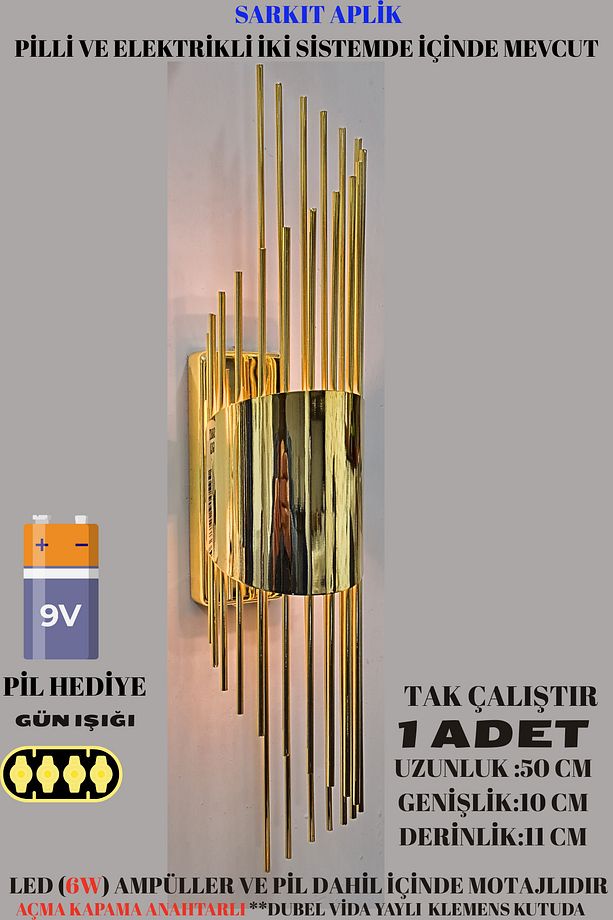 2 Adet-sarkıt Gold Duvar Aplik,pilli Aplik, Led Duvar Aplik Aydınlatma A Duvar Lambası Aplik - 6