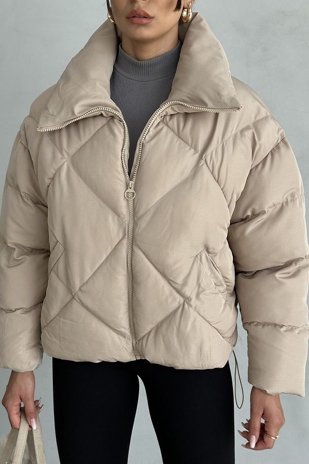 Kadın Bej Oversize Şişme Mont - Baklava Desenli - 7