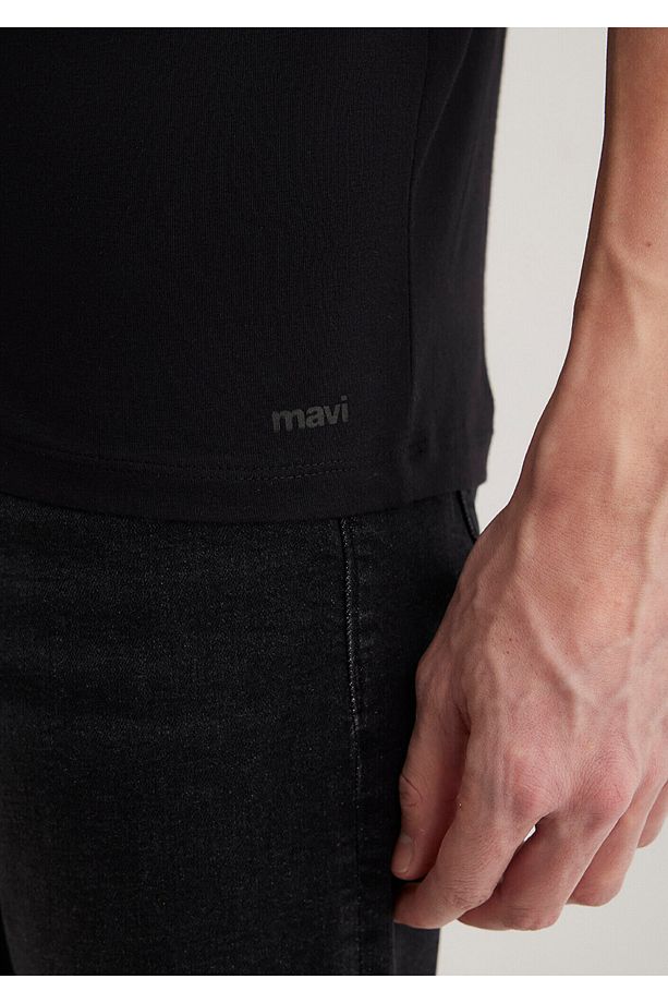 Stretch V Yaka Siyah Basic Tişört Fitted / Vücuda Oturan Kesim 061748-900 - 7