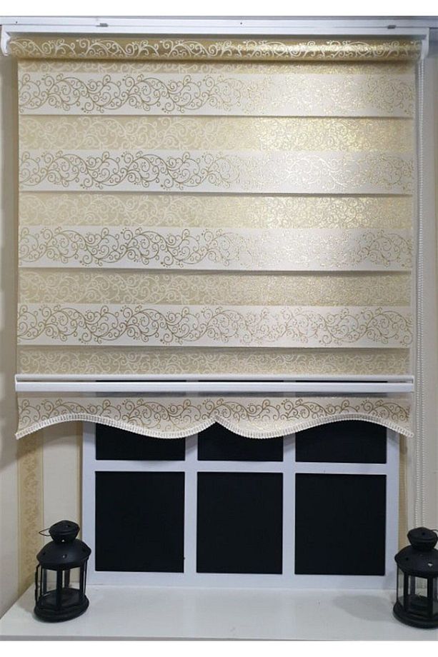 Zebra Stor Perde Sarı Gold Sarmaşık Desen Altın Simli Etek Dilimli Kt9300 V 02 - 5