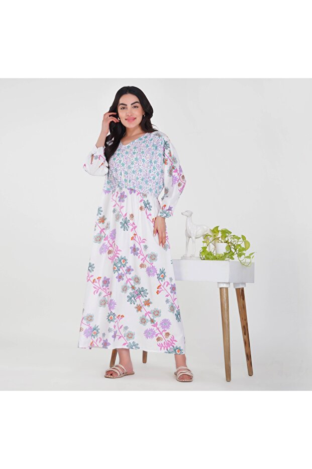 Rayon White Floral Maxi Dress – Full Sleeves, Available In 3 Colors.