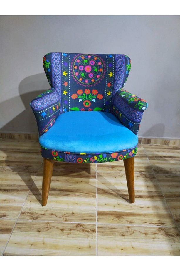 Ahşap Berjer Nubuk Kumaş Ahşap Ceviz Ayak Geniş Oturum Ahşap Ayaklı Sandalye Koltuk Etnik Desen - 1