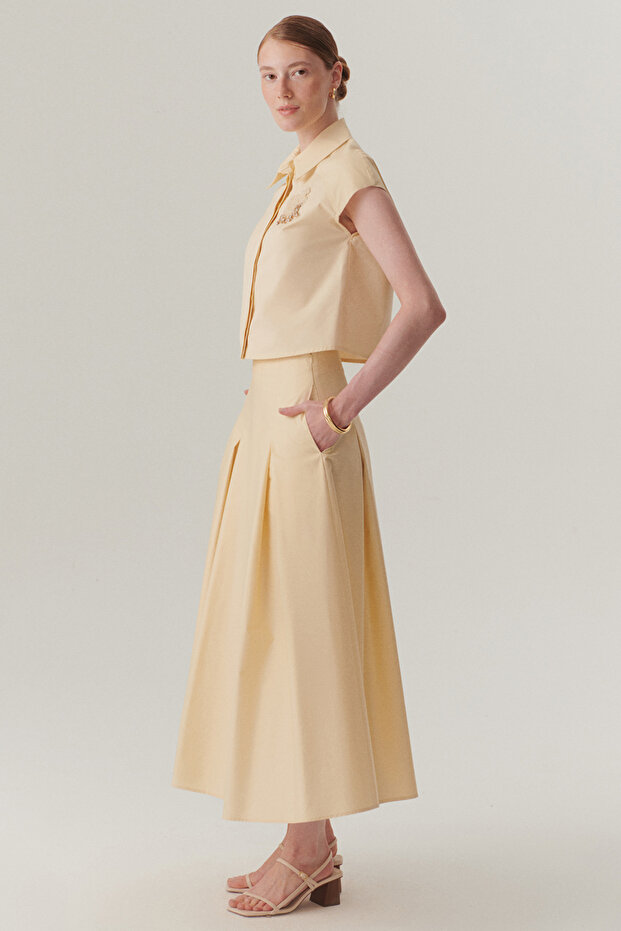 Açık Sarı Pileli Pamuklu Midi Boy Etek - 4