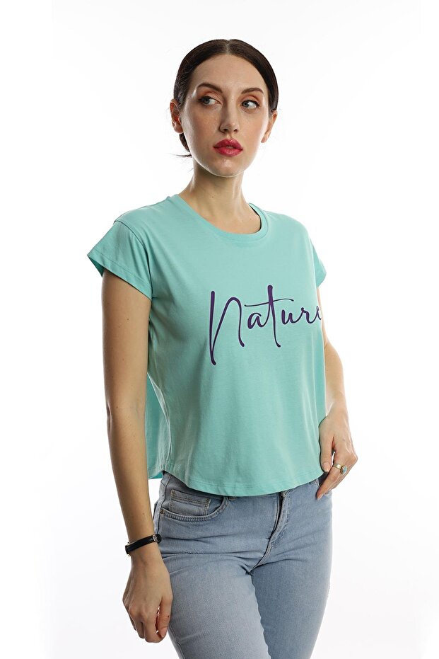 Women's Nature Text Printed Crop T-Shirt Turquoise