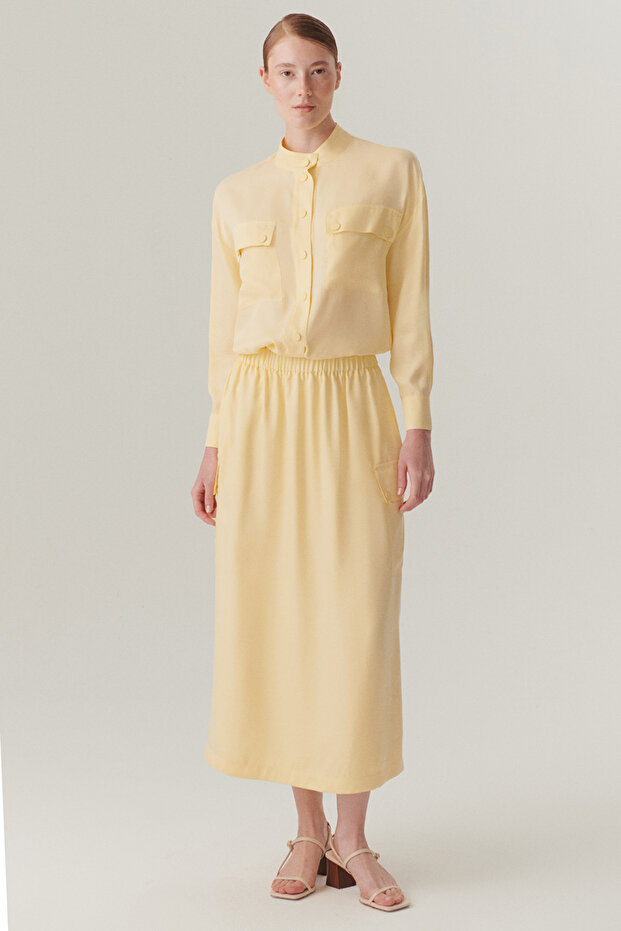 Elastic Waist Pocket Detailed Lyocell Yellow Midi Length Skirt