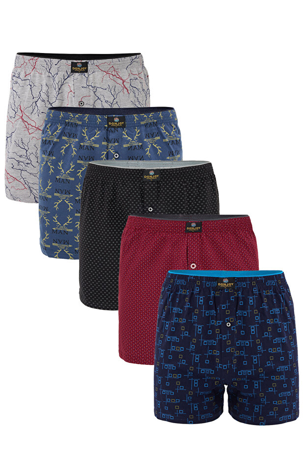 Men's 5-Piece Patterned Cotton Combed Long Buttoned Boxers with Elastic Waist