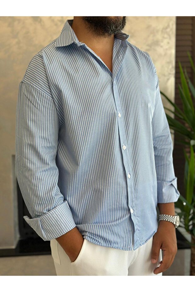 Men's Relaxed Cut Striped Cotton Shirt Blue Eca008
