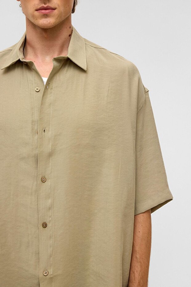 Basic Oversize Kısa Kollu Modal Gömlek Haki - 5