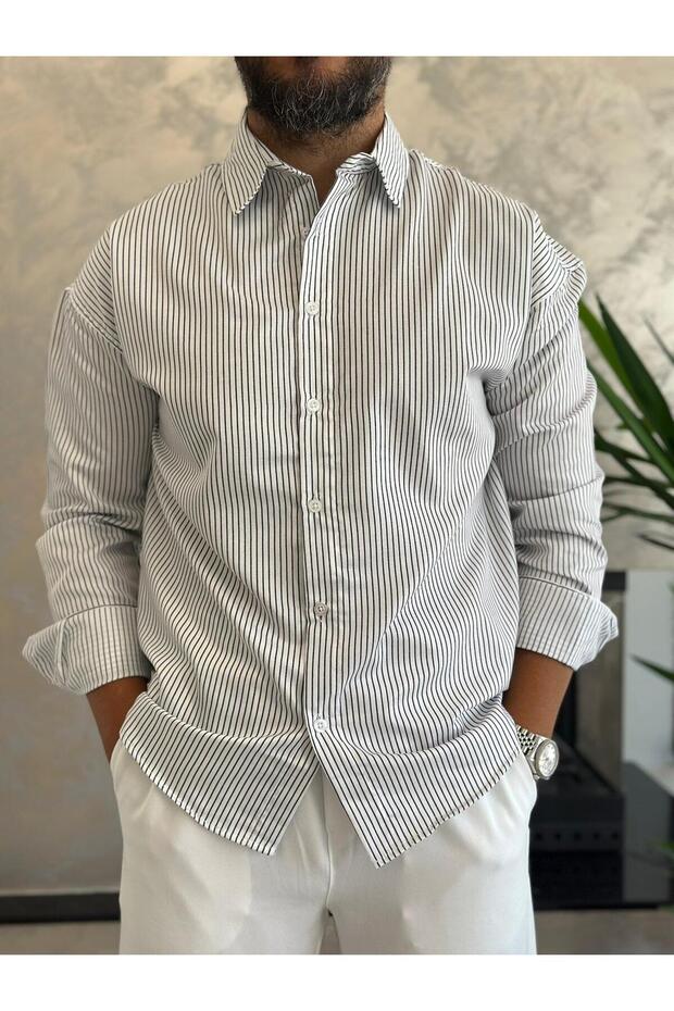 Men's Relaxed Cut Striped Cotton Shirt White Eca008