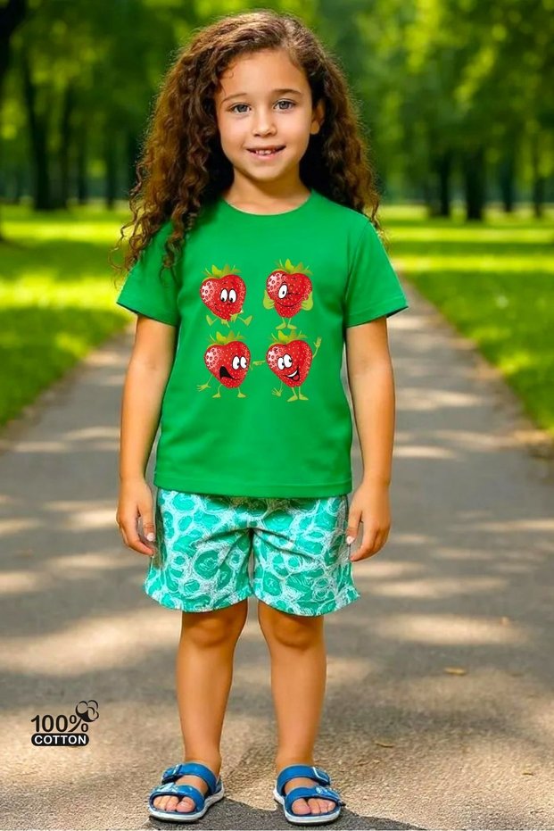 Girls' Crew Neck Cute Strawberries Printed 100% Cotton T-Shirt