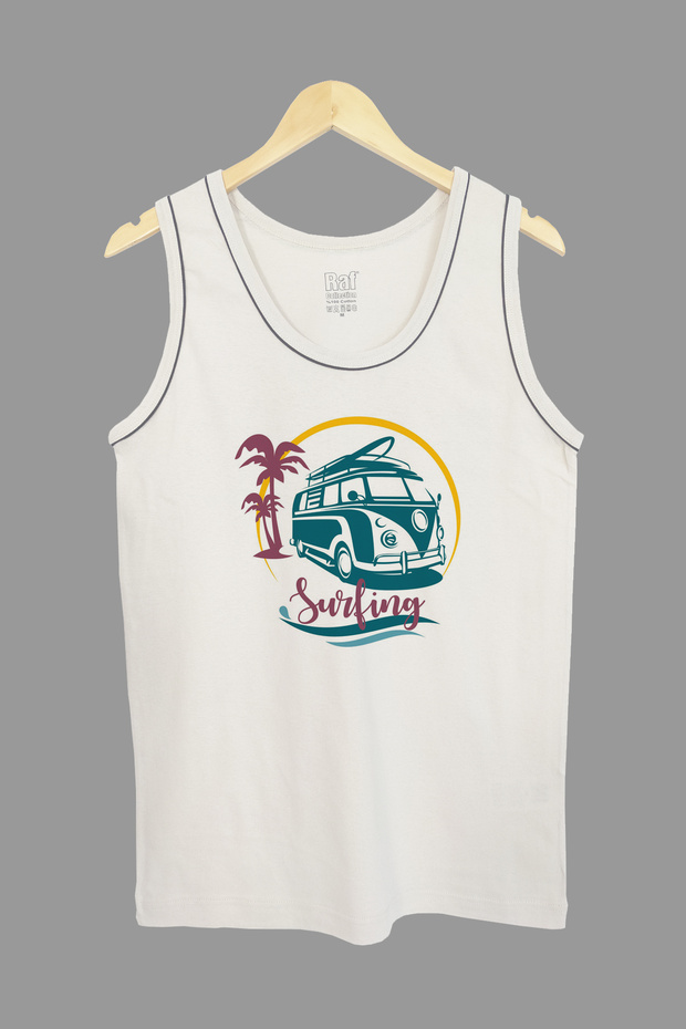 Men's Vosvos Surfing Printed Strappy White T-shirt