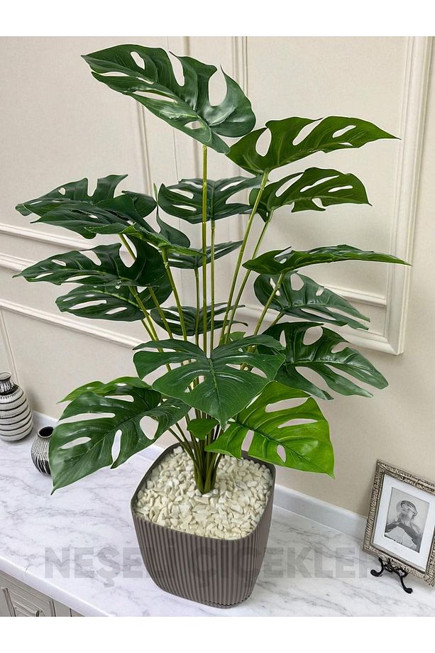 Yapay Ağaç Monstera Deve Tabanı Bitkisi 18 Yaprak 75cm Plastik Saksı Yapay Salon Çiçeği Hediyelik - 6