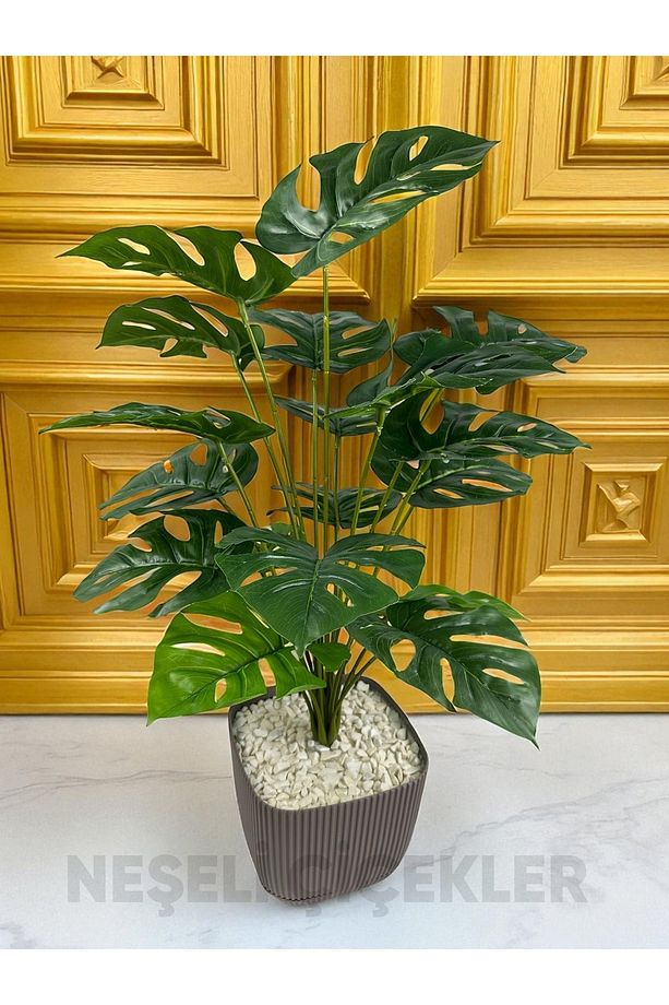 Yapay Ağaç Monstera Deve Tabanı Bitkisi 18 Yaprak 75cm Plastik Saksı Yapay Salon Çiçeği Hediyelik - 8