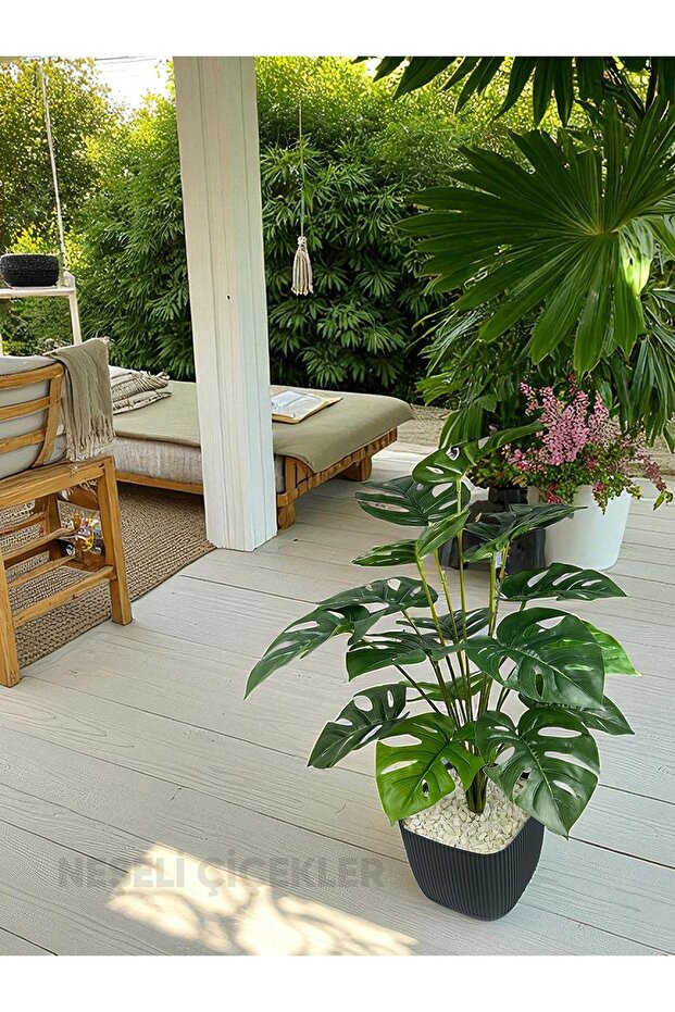 Yapay Ağaç Monstera Deve Tabanı Bitkisi 18 Yaprak 75cm Plastik Saksıda Yapay Salon Çiçeği Hediyelik - 7
