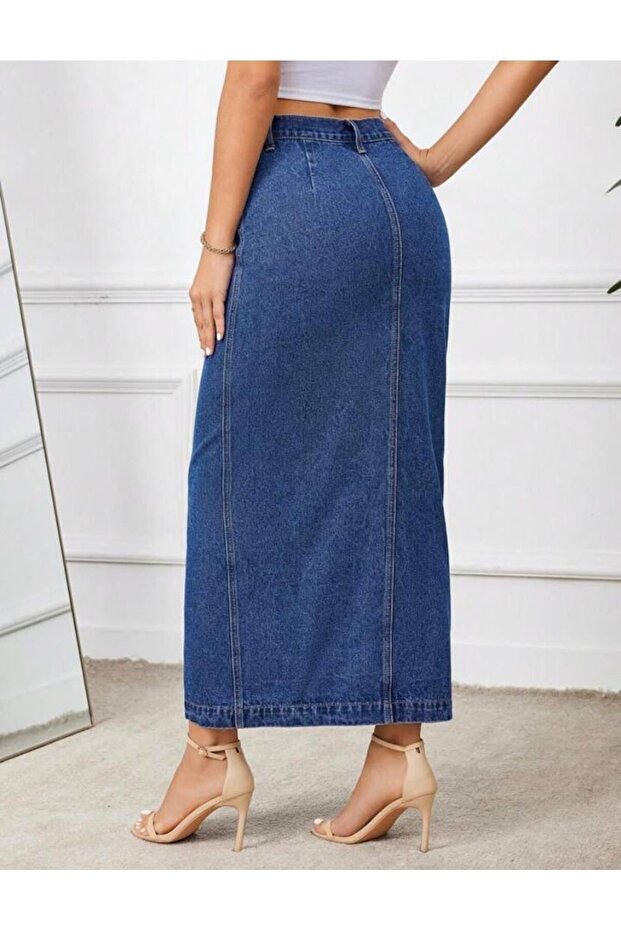 Kadın Düğmeli Yırtmaçlı Uzun Basic Dar Mavi Kot Etek - 2