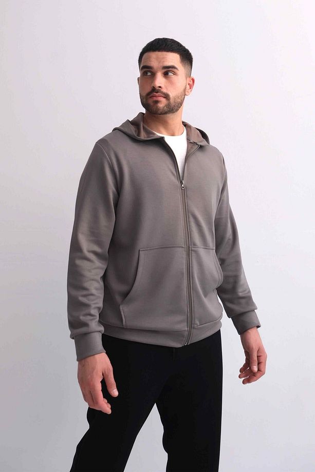 Kapüşonlu Fermuarlı Kanguru Cepli Modal Sweat Vizon - 9