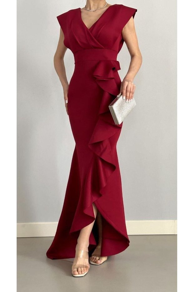 Women's Burgundy Scuba Fabric Double-Breasted Neck Ruffled Evening Graduation Wedding Dress