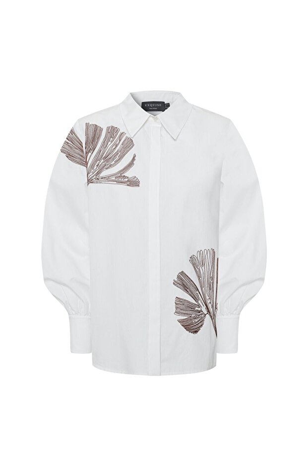 Çiçek Dikiş Detaylı Pamuk Regular Kemik Gömlek - 8