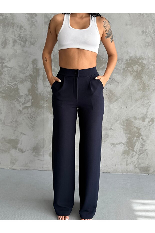 Women's Navy Blue High Waist Pleated Buttoned Lycra Stretchy Comfortable Fit Palazzo Trousers