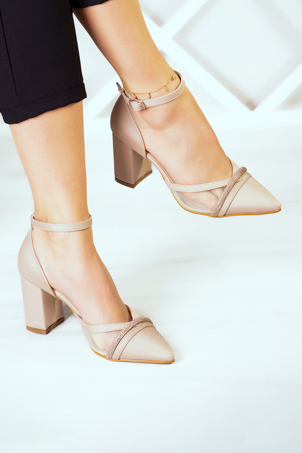 Molly Ten Satin Pointed Toe Stoned Mesh Thick Heeled Evening Dress Shoes