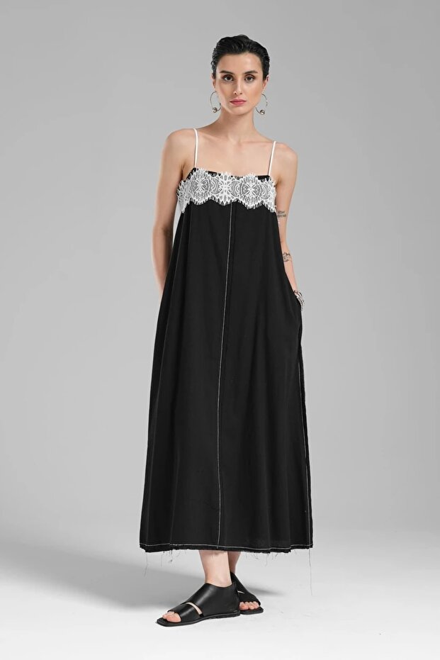 Women's Linen Fabric Lace Detailed Design Strap Dress