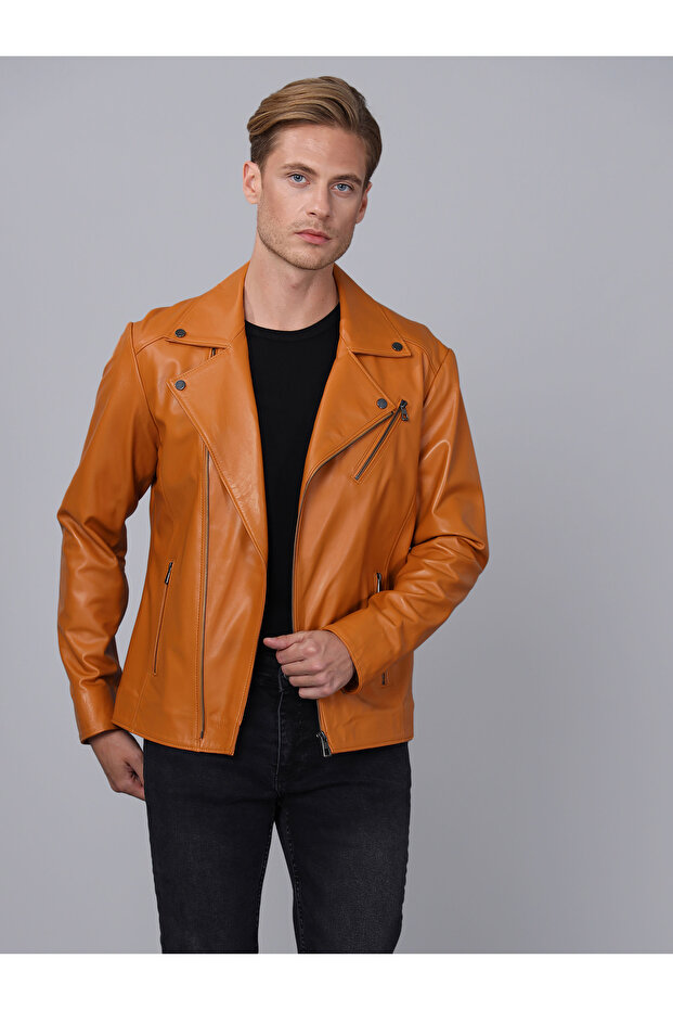 Erkek Biker Camel Deri Ceket - E2021 - 3
