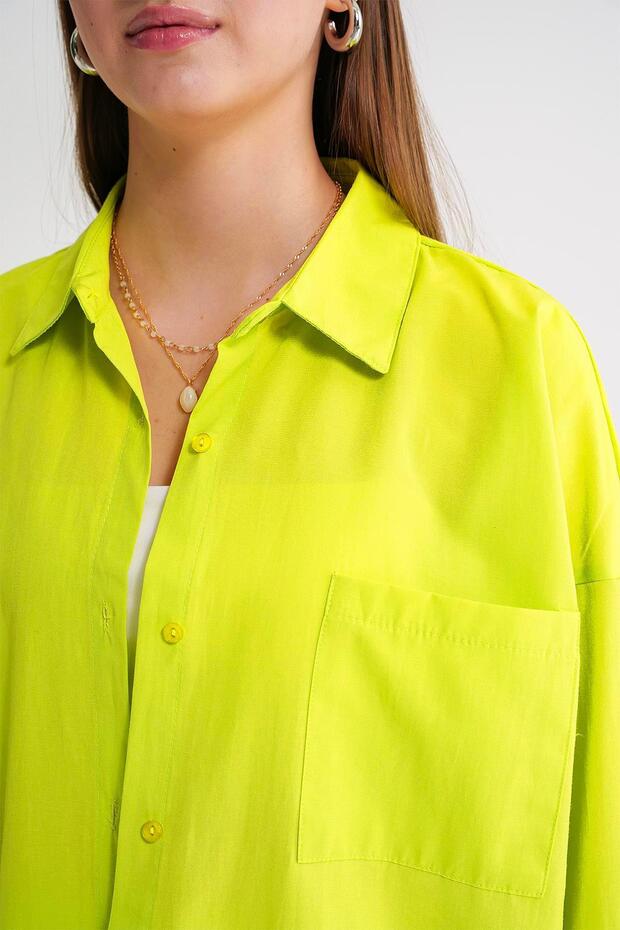 4053 Kadın Tek Cepli Oversize Basic Gömlek Olive - 5