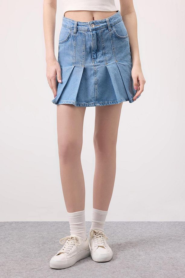 Fashion Fit Pileli Jean Mini Etek B9853AX24SM - 4