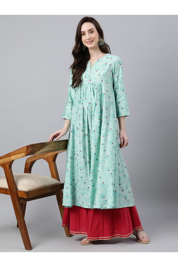 Premium cotton occasion / casual kurti - Turquoise printed kurti / kurta for women - IDH00091