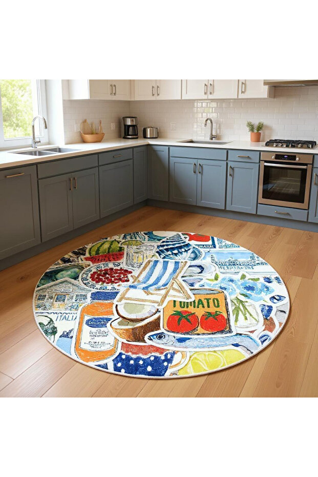 Leyla Collection Blue Toned Summer Themed Collage Round Woven Base Decorative Carpet Leyla77