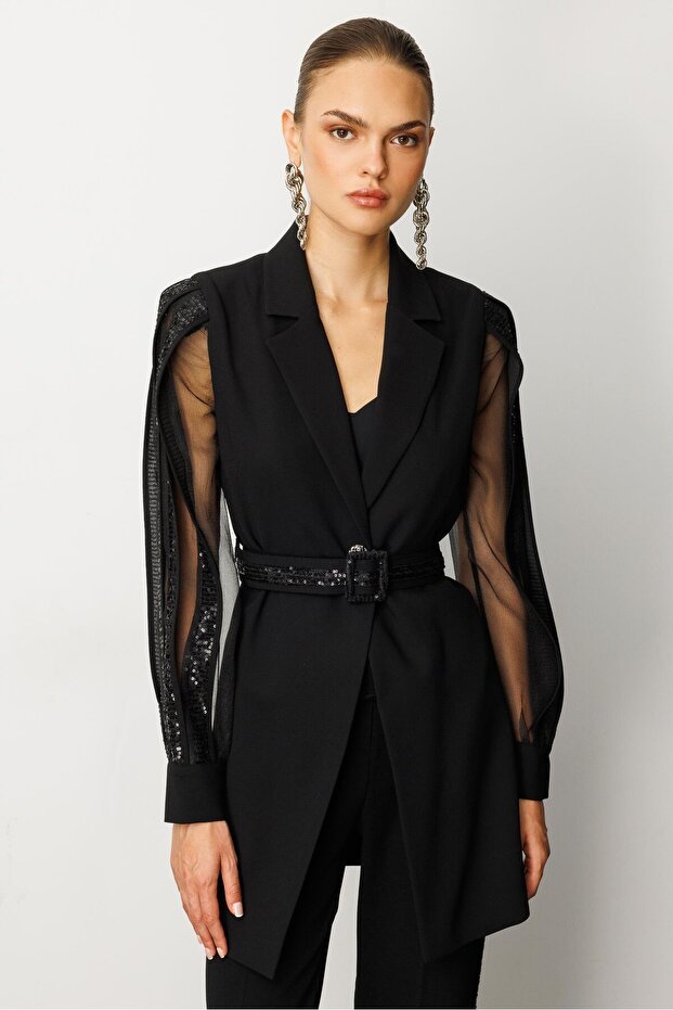 Modailgi Sleeve Stripe Sequin Athlete Jacket Black