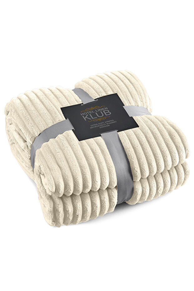 Microfleece Blanket Single(150x200 cm) – Ultra-Soft, Lightweight 300GSM, Warm - Stripe Pattern-Beige